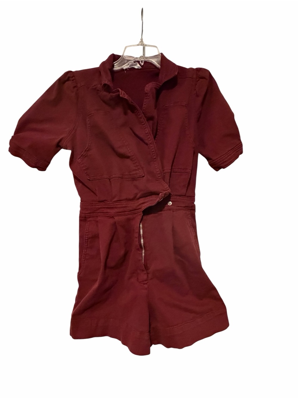 Day + Moon Short-Sleeve Zip Front Romper in Burgundy Size Small
